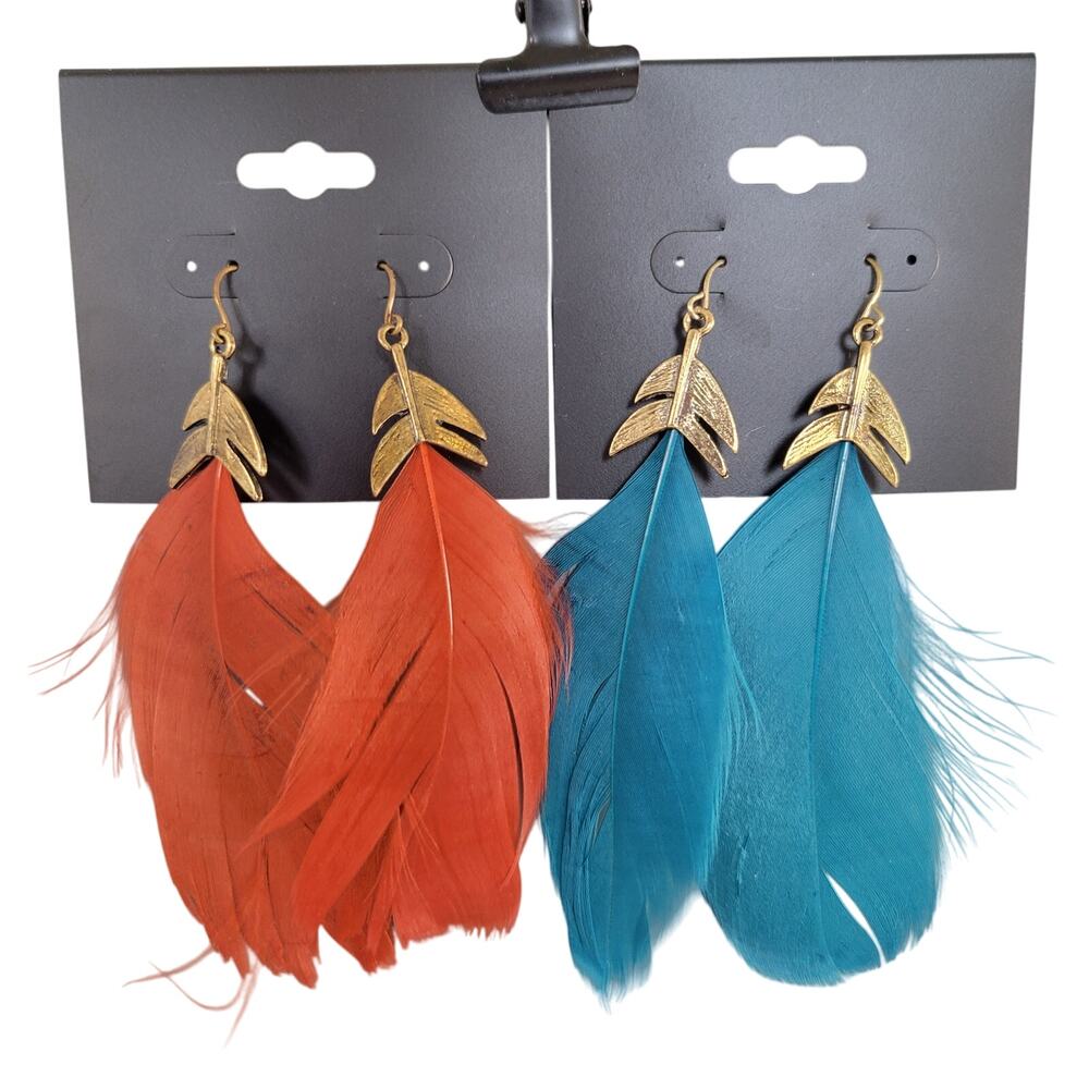Large Feather Drop Earrings Red or Teal w/ Gold Tone Leaf Dangle 3.8" Boho